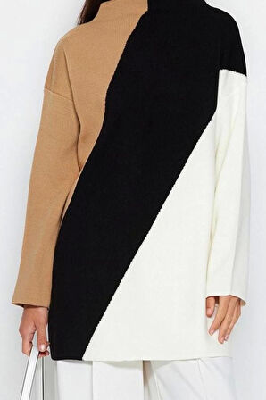 Kadın Tesettür Moda Şık Regular Dik Yaka Uzun Kol Renk Bloklu Dik Yaka Triko Kazak