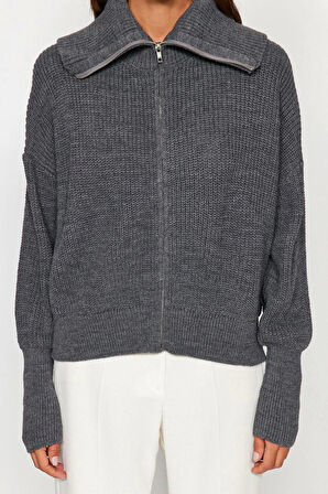 Kadın Moda Şık Regular Devrik Yaka Oversize Lacivert Geniş Kalıp Devrik Yaka Fermuarlı Triko Hırka