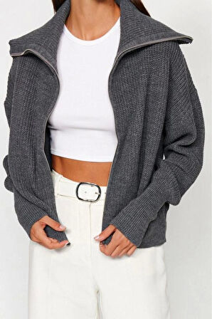 Kadın Moda Şık Regular Devrik Yaka Oversize Lacivert Geniş Kalıp Devrik Yaka Fermuarlı Triko Hırka