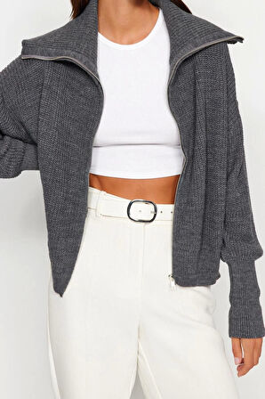 Kadın Moda Şık Regular Devrik Yaka Oversize Lacivert Geniş Kalıp Devrik Yaka Fermuarlı Triko Hırka