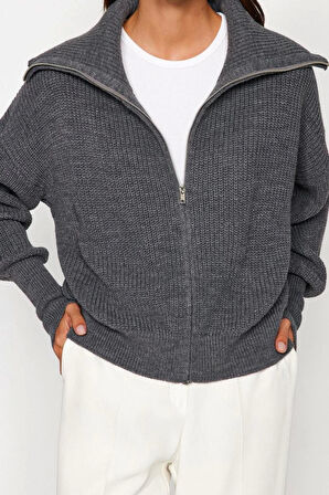 Kadın Moda Şık Regular Devrik Yaka Oversize Lacivert Geniş Kalıp Devrik Yaka Fermuarlı Triko Hırka