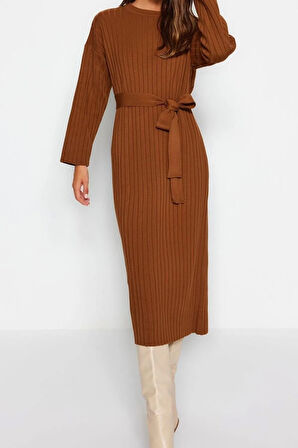 Yeni Rahat Günlük Ribana Kaşkorse Triko Bisiklet Yaka Uzun Kol A-Line Maxi Boy Tesettür Elbise