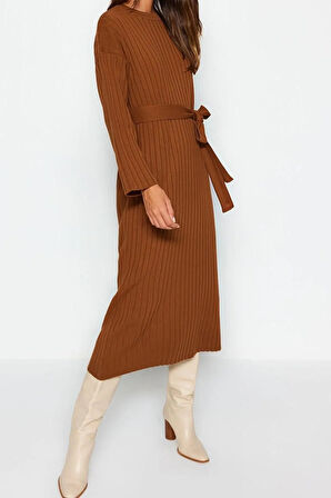 Yeni Rahat Günlük Ribana Kaşkorse Triko Bisiklet Yaka Uzun Kol A-Line Maxi Boy Tesettür Elbise