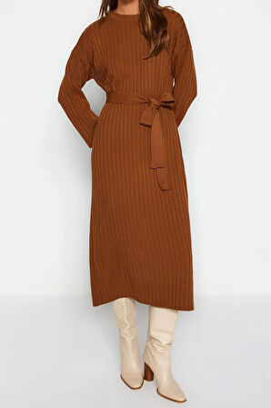 Yeni Rahat Günlük Ribana Kaşkorse Triko Bisiklet Yaka Uzun Kol A-Line Maxi Boy Tesettür Elbise