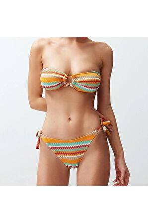 Yeni Geometrik Straplez Normal Bel Brief Straplez Aksesuarlı Dokulu Regular Bikini Takımı