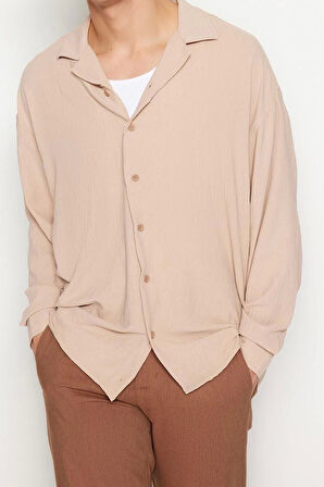 Erkek Moda Uzun Kol Dokuma Yeşil Oversize Fit Apaş Yaka Yazlık Keten Görünümlü Gömlek