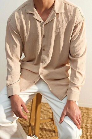 Erkek Moda Uzun Kol Dokuma Yeşil Oversize Fit Apaş Yaka Yazlık Keten Görünümlü Gömlek