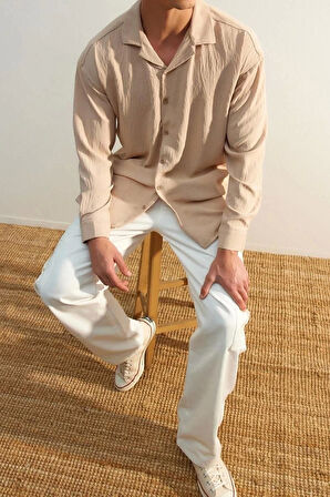 Erkek Moda Uzun Kol Dokuma Yeşil Oversize Fit Apaş Yaka Yazlık Keten Görünümlü Gömlek