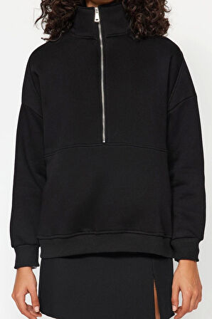 Kadın Oversize Dik Yaka Standart Geniş Kalıp Yarım Fermuarlı Kalın Polarlı Örme Sweatshirt