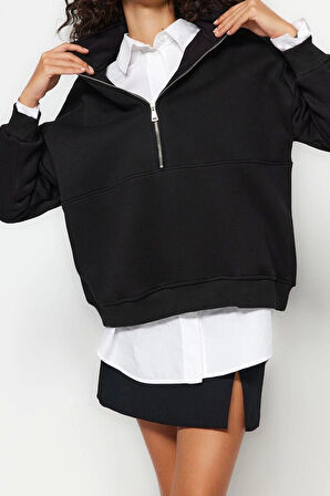 Kadın Oversize Dik Yaka Standart Geniş Kalıp Yarım Fermuarlı Kalın Polarlı Örme Sweatshirt
