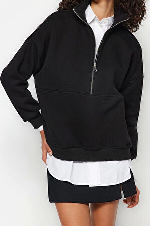 Kadın Oversize Dik Yaka Standart Geniş Kalıp Yarım Fermuarlı Kalın Polarlı Örme Sweatshirt