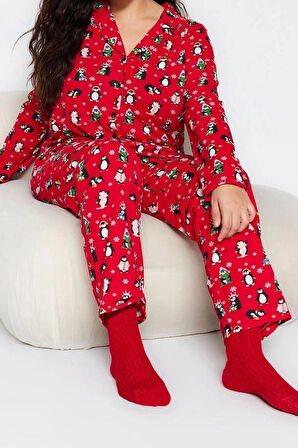 Büyük Beden Kadın Pamuk Polyester Gömlek Yaka Uzun Kol Gömlek Yaka Yılbaşı Temalı Örme Pijama Takımı