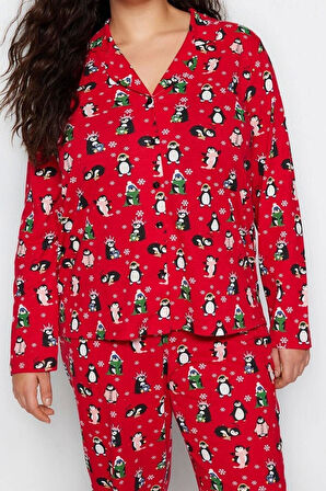Büyük Beden Kadın Pamuk Polyester Gömlek Yaka Uzun Kol Gömlek Yaka Yılbaşı Temalı Örme Pijama Takımı