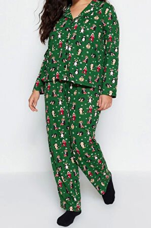 Büyük Beden Kadın Pamuk Polyester Gömlek Yaka Uzun Kol Gömlek Yaka Yılbaşı Temalı Örme Pijama Takımı