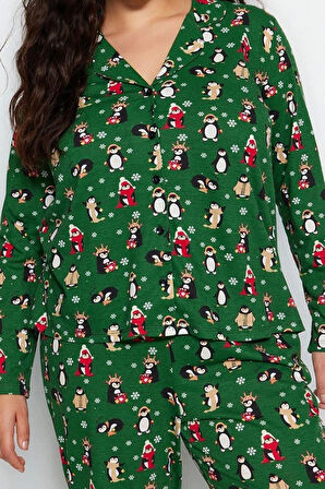 Büyük Beden Kadın Pamuk Polyester Gömlek Yaka Uzun Kol Gömlek Yaka Yılbaşı Temalı Örme Pijama Takımı