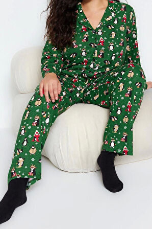 Büyük Beden Kadın Pamuk Polyester Gömlek Yaka Uzun Kol Gömlek Yaka Yılbaşı Temalı Örme Pijama Takımı