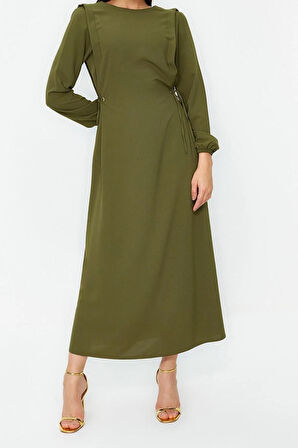 Yeni Regular Casual Günlük Aerobin Dokuma Bisiklet Yaka Uzun Kol Shift Maxi Boy Tesettür Elbise