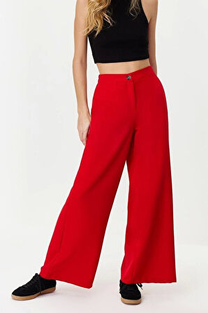 Kadın Yeni Moda Geniş Paça Regular Boy Dokuma Wide Leg Geniş Paça Yanları Düğmeli Pantolon