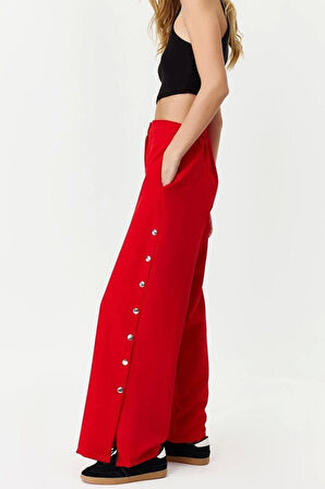 Kadın Yeni Moda Geniş Paça Regular Boy Dokuma Wide Leg Geniş Paça Yanları Düğmeli Pantolon