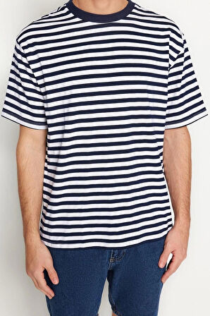 Yeni Sezon Rahat Pamuk Polyester Bisiklet Yaka Kısa Kol Çizgili Desenli Günlük T-Shirt