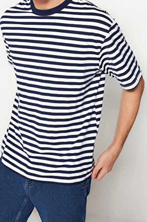 Yeni Sezon Rahat Pamuk Polyester Bisiklet Yaka Kısa Kol Çizgili Desenli Günlük T-Shirt