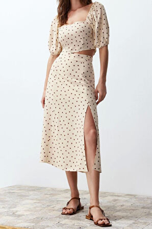 Kadın Moda Şık Geniş Paça Uzun Kollu Yırtmaçlı Midi Viskon Dokuma Puantiyeli Bluz-Etek Takım