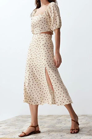 Kadın Moda Şık Geniş Paça Uzun Kollu Yırtmaçlı Midi Viskon Dokuma Puantiyeli Bluz-Etek Takım