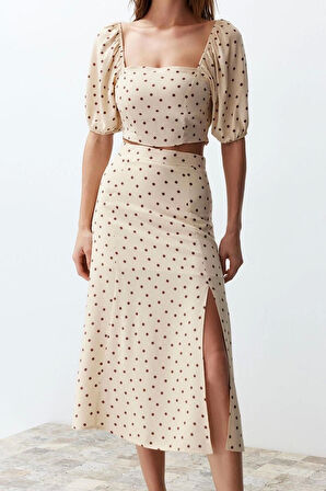 Kadın Moda Şık Geniş Paça Uzun Kollu Yırtmaçlı Midi Viskon Dokuma Puantiyeli Bluz-Etek Takım