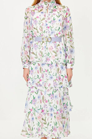 Yeni Regular Günlük Yoryo Şifon Dokuma Gömlek Yaka Uzun Kol Eteği Fırfırlı Maxi Boy Tesettür Elbise