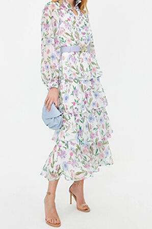 Yeni Regular Günlük Yoryo Şifon Dokuma Gömlek Yaka Uzun Kol Eteği Fırfırlı Maxi Boy Tesettür Elbise