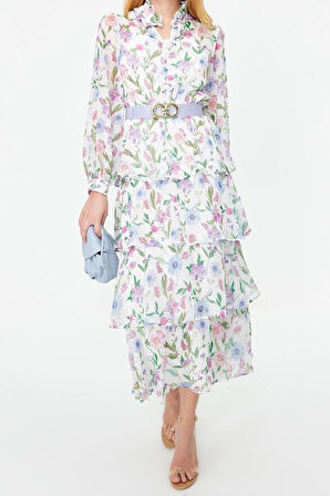 Yeni Regular Günlük Yoryo Şifon Dokuma Gömlek Yaka Uzun Kol Eteği Fırfırlı Maxi Boy Tesettür Elbise