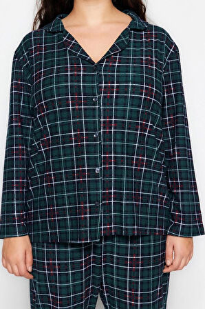 Büyük Beden Kadın Polyester Gömlek Yaka Uzun Kol Ekoseli Gömlek Yaka Yumuşak Tuşe Örme Pijama Takımı
