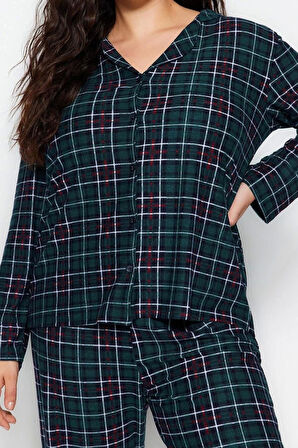 Büyük Beden Kadın Polyester Gömlek Yaka Uzun Kol Ekoseli Gömlek Yaka Yumuşak Tuşe Örme Pijama Takımı