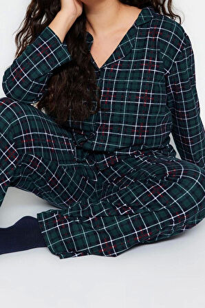 Büyük Beden Kadın Polyester Gömlek Yaka Uzun Kol Ekoseli Gömlek Yaka Yumuşak Tuşe Örme Pijama Takımı
