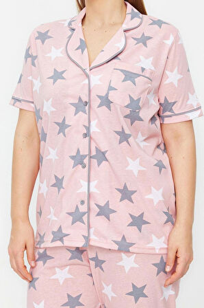 Büyük Beden Kadın Pamuk Polyester Ceket Yaka Kısa Kol Yıldız Desenli Gömlek Yaka Örme Pijama Takımı