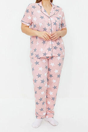 Büyük Beden Kadın Pamuk Polyester Ceket Yaka Kısa Kol Yıldız Desenli Gömlek Yaka Örme Pijama Takımı