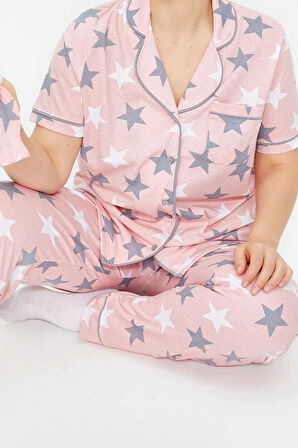 Büyük Beden Kadın Pamuk Polyester Ceket Yaka Kısa Kol Yıldız Desenli Gömlek Yaka Örme Pijama Takımı