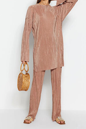 Kadın Moda Şık Regular Boy Truvakar Kollu Kendinden Piliseli Dokuma Alt-Üst Takım