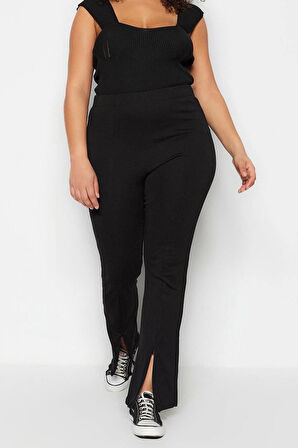 Kadın Moda Büyük Beden İspanyol Paça Uzun Boy Örme Skinny Yüksek Bel Paçası Fermuarlı Örme Pantolon