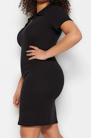 Yeni Fit Casual Günlük Kaşkorse Örme Polo Yaka Kısa Kol Bodycone Mini Boy Büyük Beden Elbise