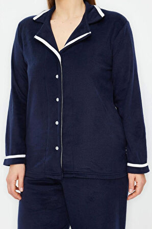 Kadın Moda Şık Büyük Beden Ceket Yaka Boru Paça Uzun Kol Gömlek Yaka Biyeli Polar Örme Pijama Takımı