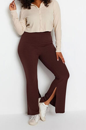 Kadın Yeni Moda Büyük Beden İspanyol Paça Regular Boy Örme İspanyol Paça Yırtmaçlı Örme Pantolon