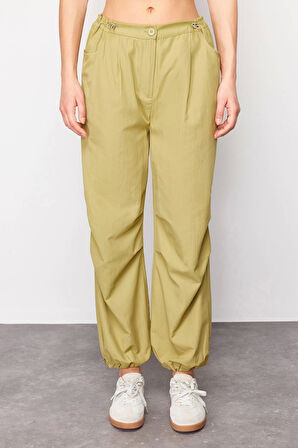 Kadın Yeni Moda Lastikli Paça Regular Boy Dokuma Jogger Normal Bel Paçası Lastikli Pantolon