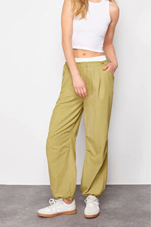 Kadın Yeni Moda Lastikli Paça Regular Boy Dokuma Jogger Normal Bel Paçası Lastikli Pantolon