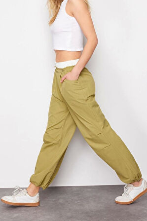 Kadın Yeni Moda Lastikli Paça Regular Boy Dokuma Jogger Normal Bel Paçası Lastikli Pantolon