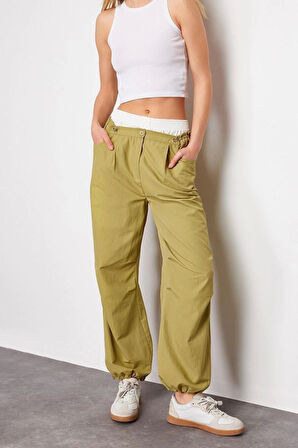 Kadın Yeni Moda Lastikli Paça Regular Boy Dokuma Jogger Normal Bel Paçası Lastikli Pantolon