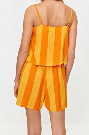 Kadın Viskon U Yaka Askılı Kol Çizgili İp Askılı Viskon Dokuma Pijama Takımı