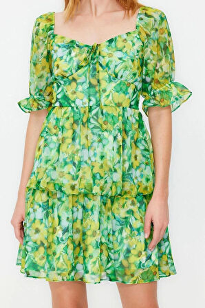 Yeni Rahat Casual Günlük Şifon Dokuma Carmen Yaka Kısa Kol Skater Mini Boy Elbise