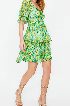 Yeni Rahat Casual Günlük Şifon Dokuma Carmen Yaka Kısa Kol Skater Mini Boy Elbise