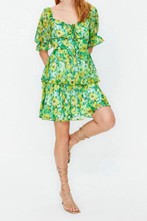 Yeni Rahat Casual Günlük Şifon Dokuma Carmen Yaka Kısa Kol Skater Mini Boy Elbise